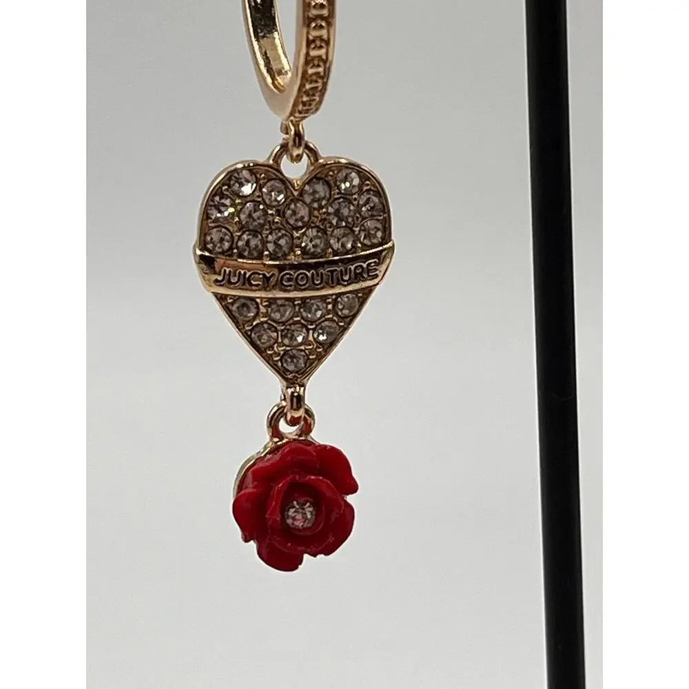 Juicy Couture Gold Hoop‎ Earrings Crystal Pave Heart Red Rose Charm